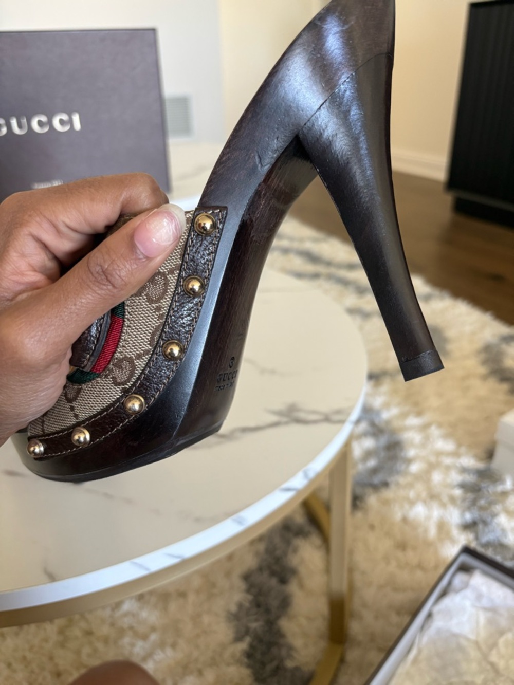 Gucci Brown GG Canvas Wood Platform Slides with Red and Green Web - Picture 12 of 16